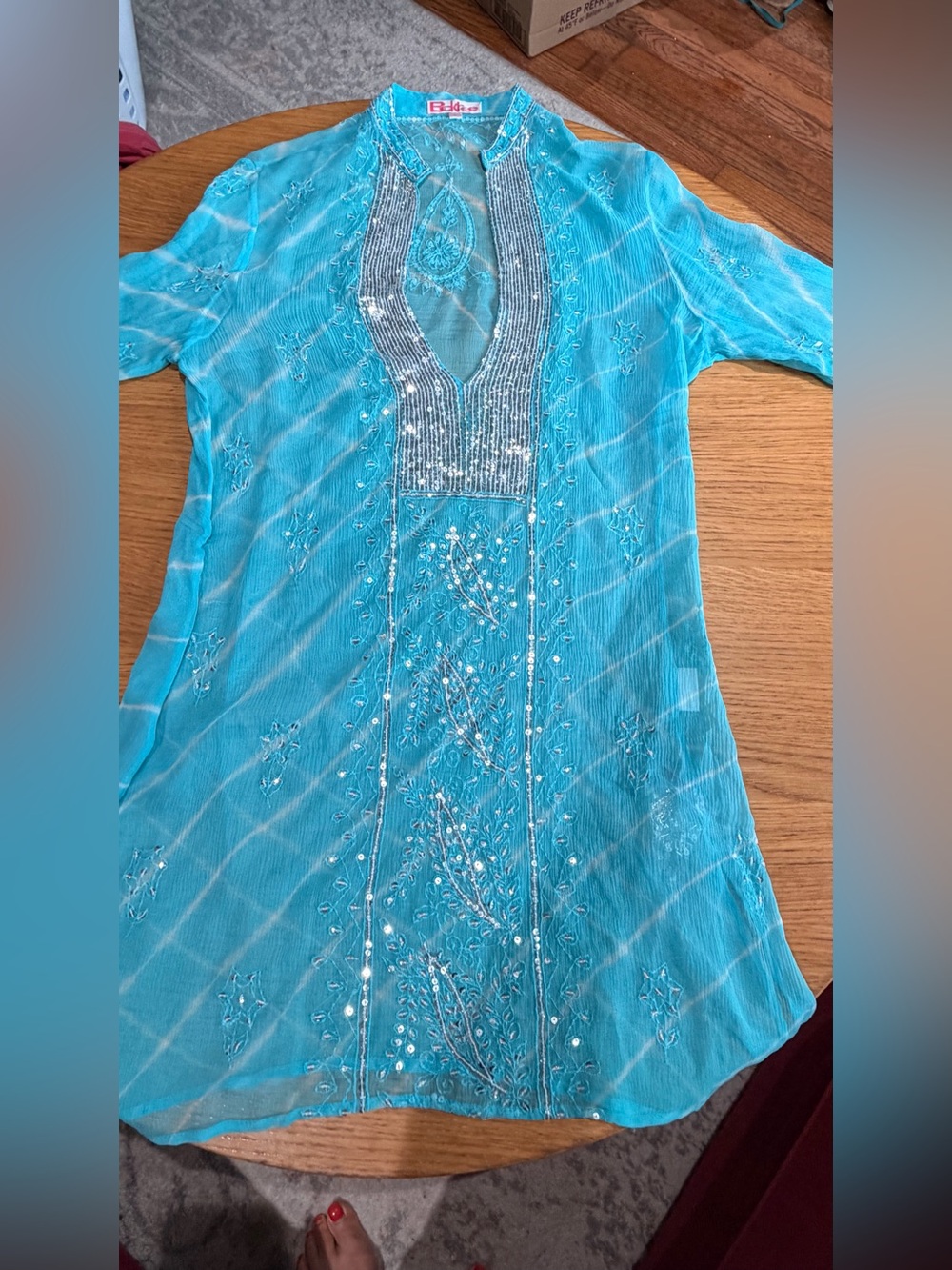 Silk Turquoise Embellished Sheer V-Neck Blouse